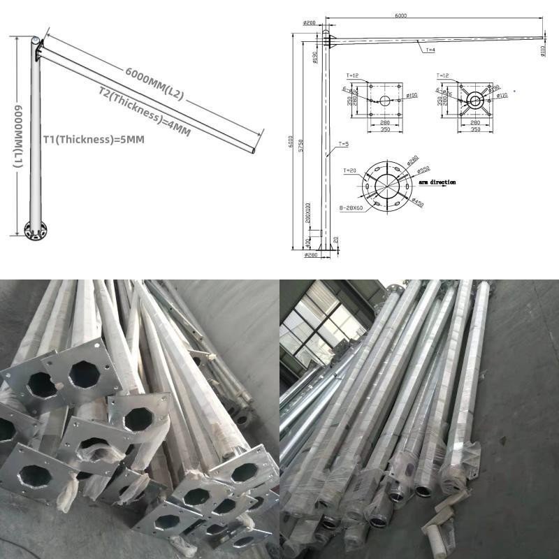 6M Octagon Light Pole With 6M Arm
